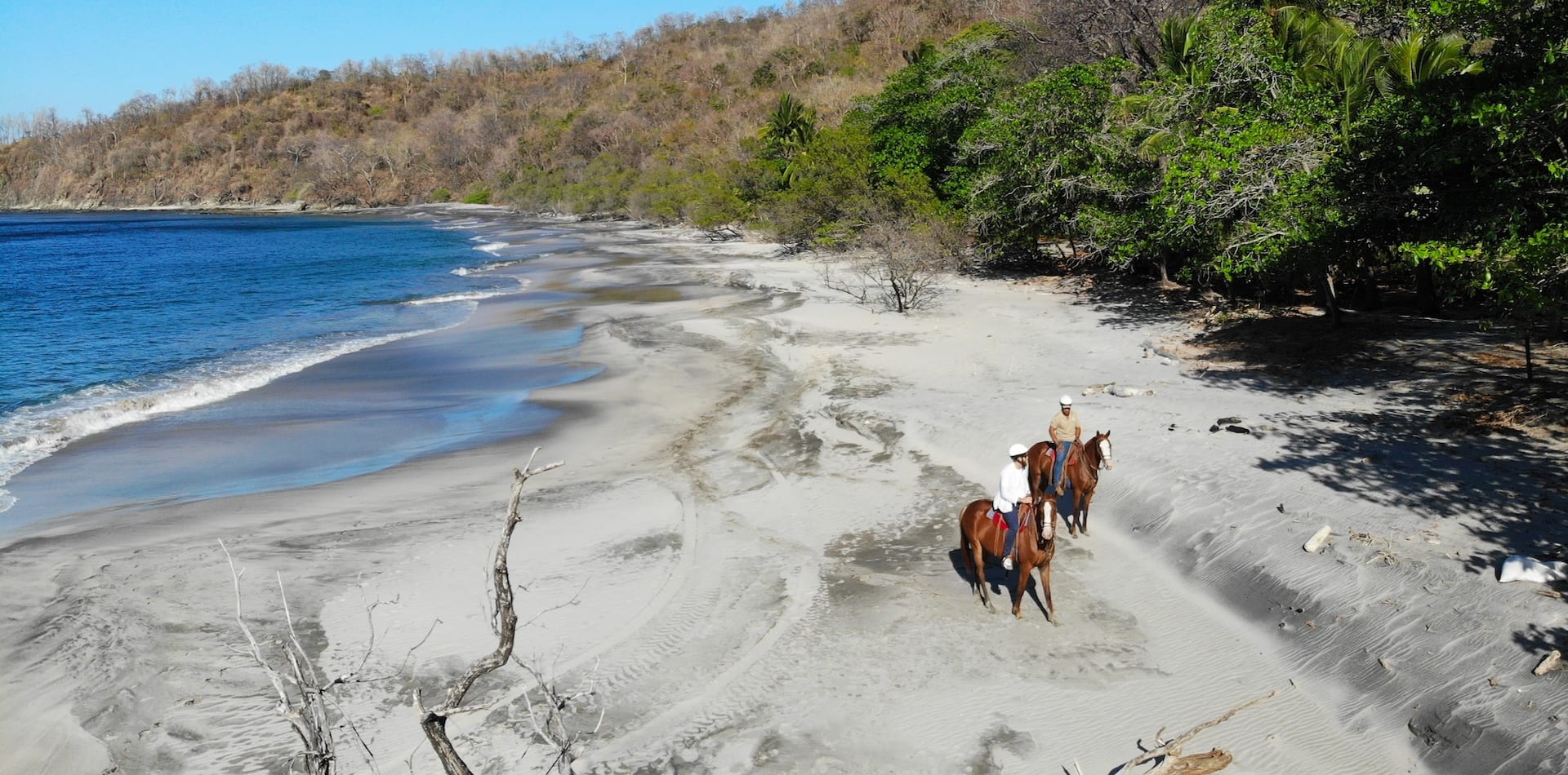 Two riders on horseback stroll along a sandy beach with gentle waves lapping at the shore. Lush greenery lines the beach, and rocky hills are visible in the background under a clear sky.