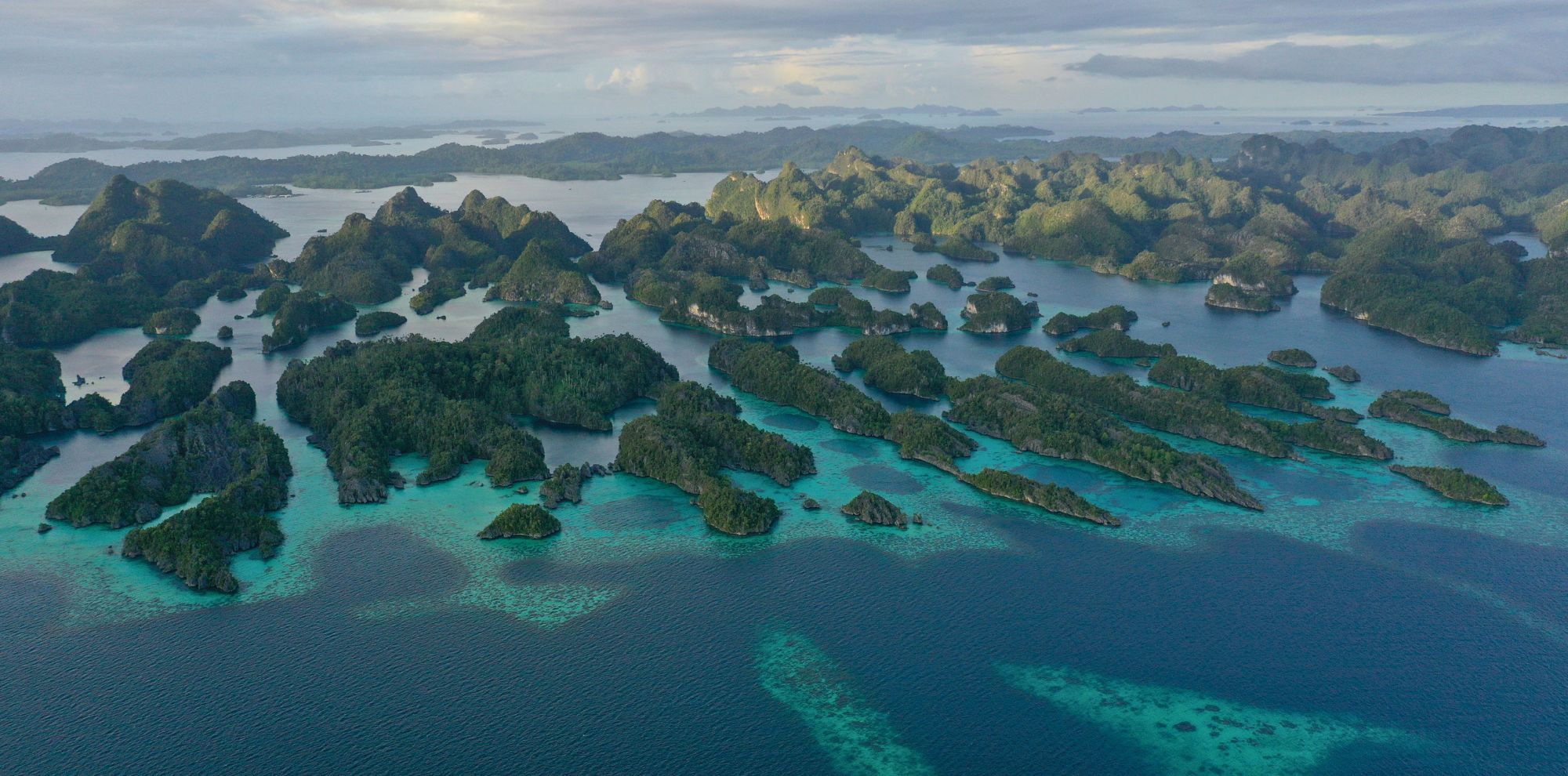 Aerial panorama of numerous small, tree-covered limestone islands scattered throughout a deep blue ocean with turquoise shallows.