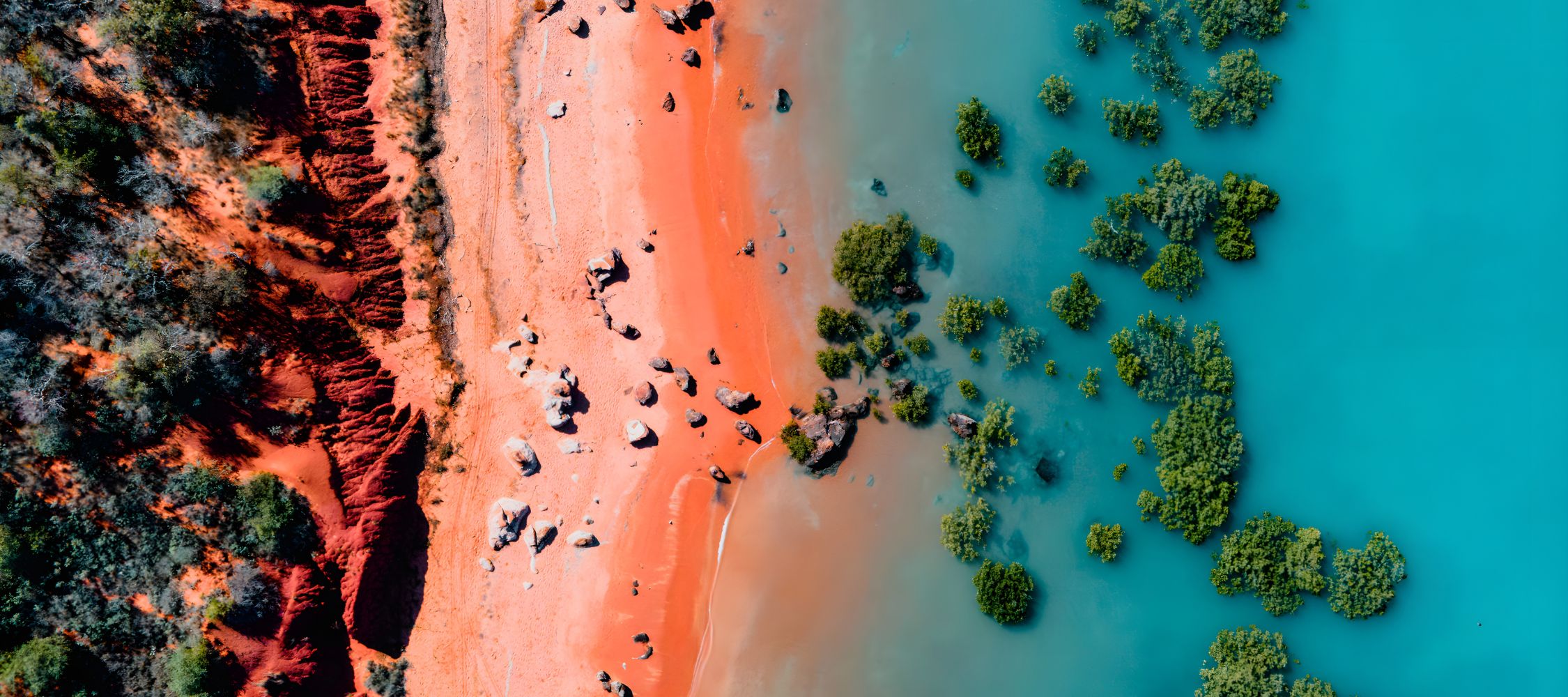Aerial view of a vibrant beach with red cliffs and turquoise water, interspersed with patches of green mangroves.