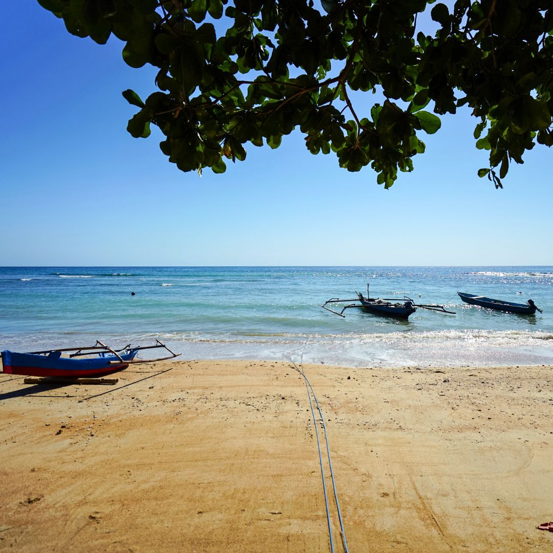 Calm beach scene with gentle waves lapping at the shore. Three fishing boats are anchored on the sandy beach under clear blue skies, framed by green foliage overhead.