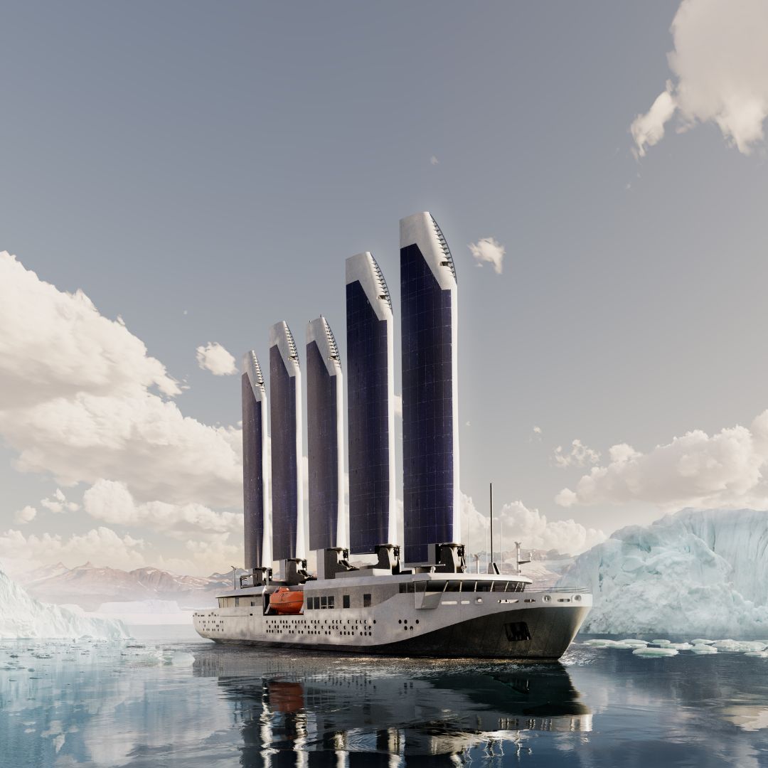 A futuristic ship with five tall, sleek towers resembling wind turbines is surrounded by icebergs in a serene, cloudy landscape. The ship has a modern design with solar panels and an orange lifeboat visible on its deck.