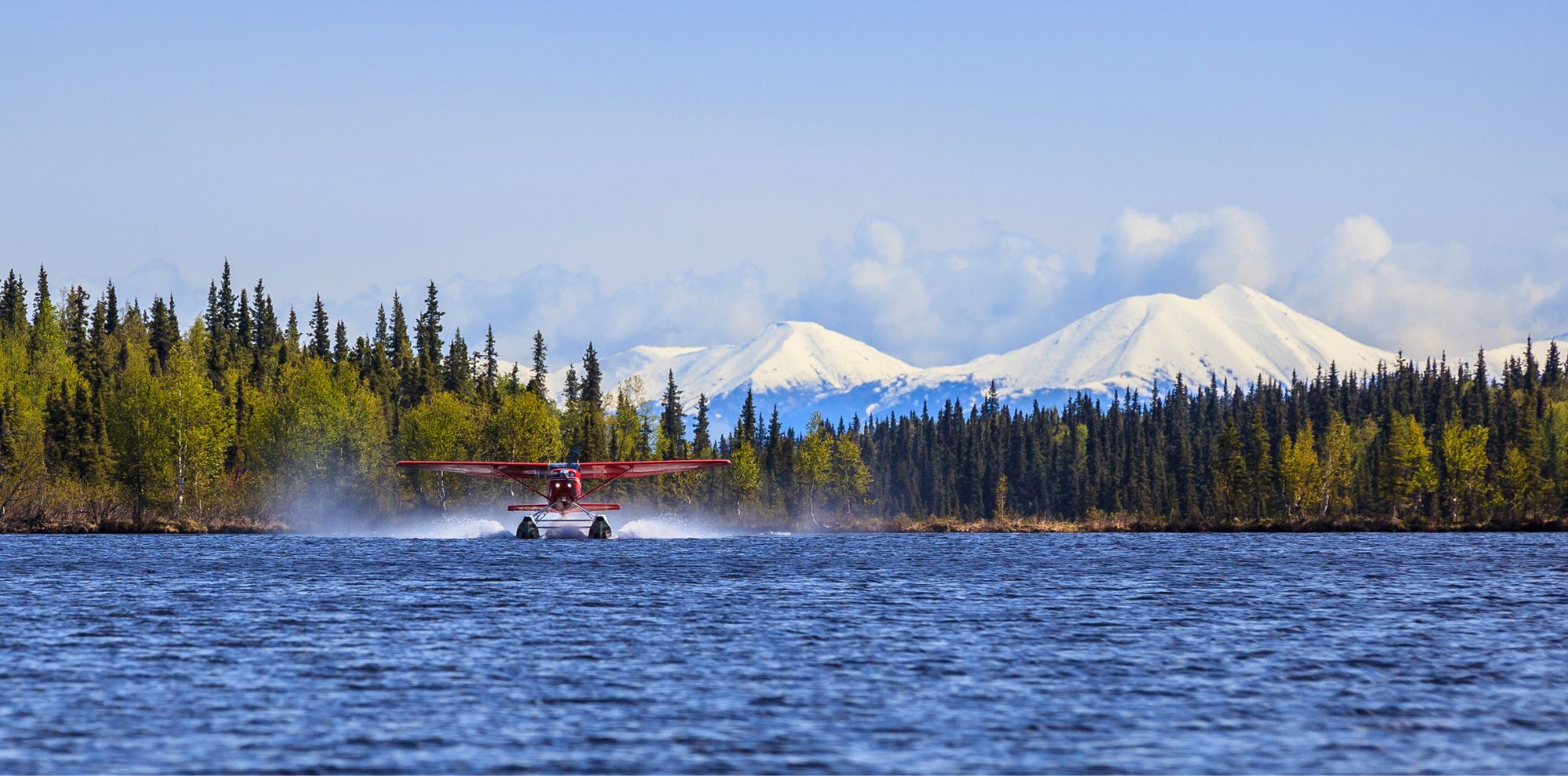A red floatplane takes off from a blue lake, kicking up spray against a backdrop of pine forests and snowy mountains.
