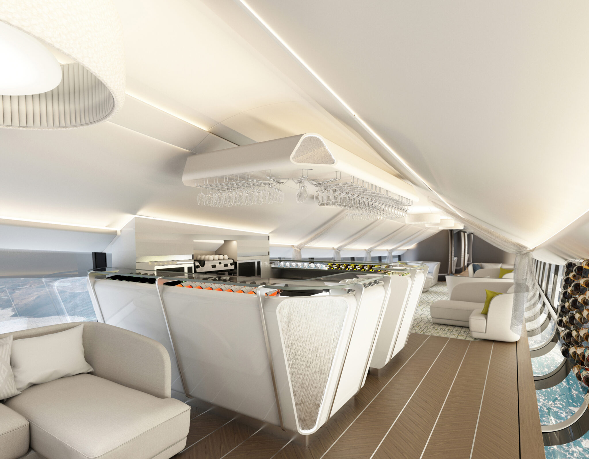 Modern interior of a luxurious airplane cabin featuring a sleek bar area, plush seating, and large windows offering scenic views. The design is bright and minimalist, with elegant lighting and contemporary furnishings.
