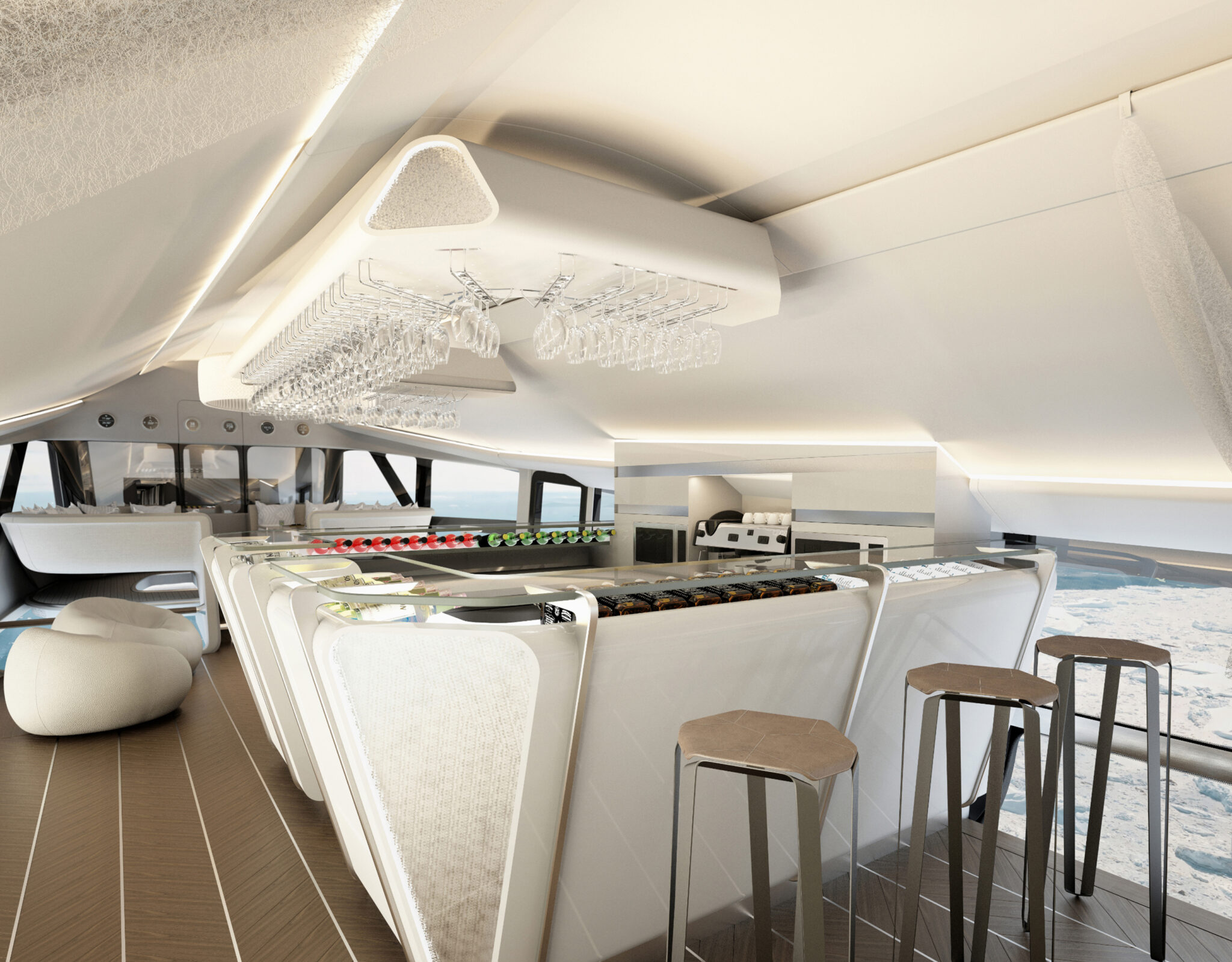 A modern yacht interior featuring a sleek bar with a variety of beverages and glassware. Stylish stools line the bar, and large windows offer a view of the ocean. The design incorporates clean lines, a light color palette, and ambient lighting.