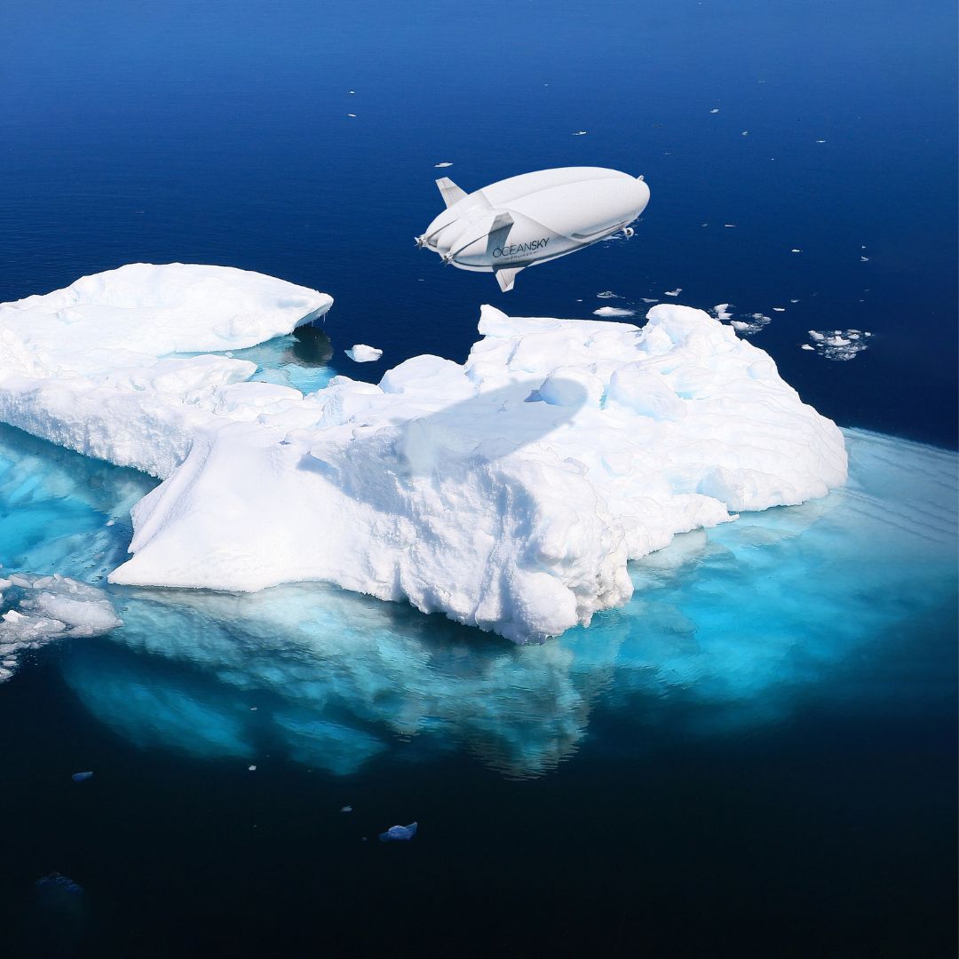 A futuristic airship glides above a massive ice formation in calm blue waters, showcasing a pristine Arctic landscape.