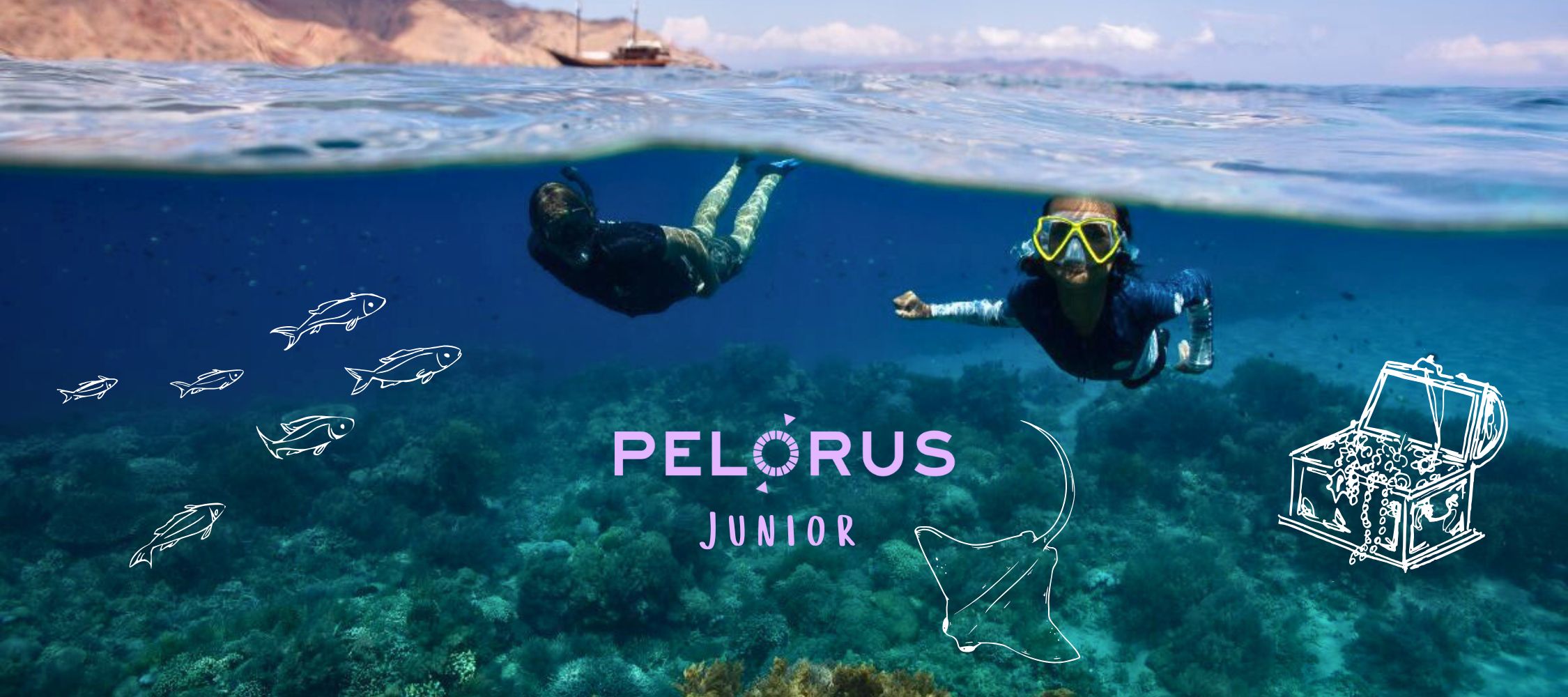 Two children swimming underwater near a coral reef, wearing snorkeling gear. Fish swim around them as a boat is visible in the background. The text "Pelorus Junior" is prominently displayed in the center.