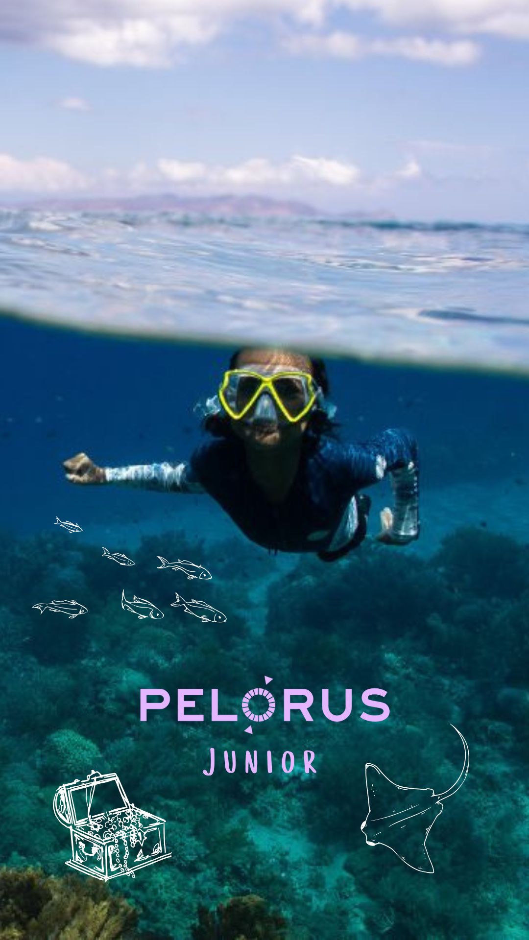A child wearing a snorkel mask and fins swims underwater, surrounded by coral and fish. The top of the image shows a clear blue sky above the water's surface. Text at the bottom reads "Pelorus Junior" with illustrations of a treasure chest and a stingray.