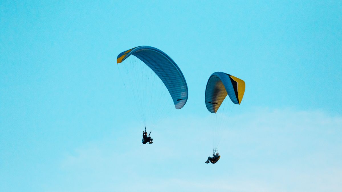 Two paragliders soaring through a clear blue sky, one on the left and the other on the right, both with blue and yellow canopies.