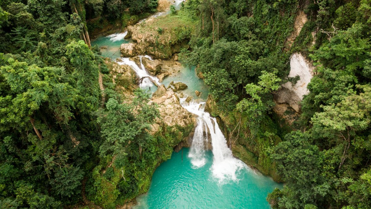 Aerial view of a lush tropical landscape featuring vibrant turquoise waters cascading over rocky waterfalls, surrounded by dense greenery and trees.