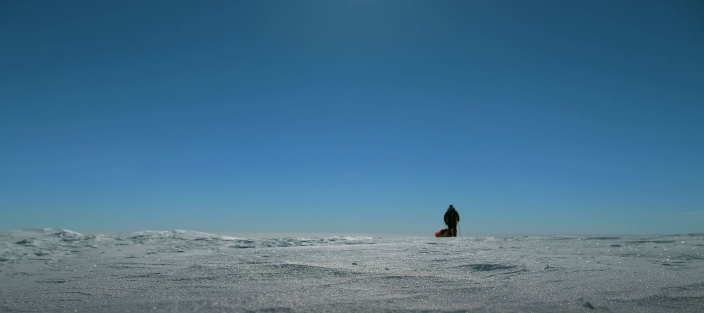A lone figure stands on a vast, icy landscape under a clear blue sky. The scene captures an expansive glacial area with smooth, textured ice formations stretching into the horizon.