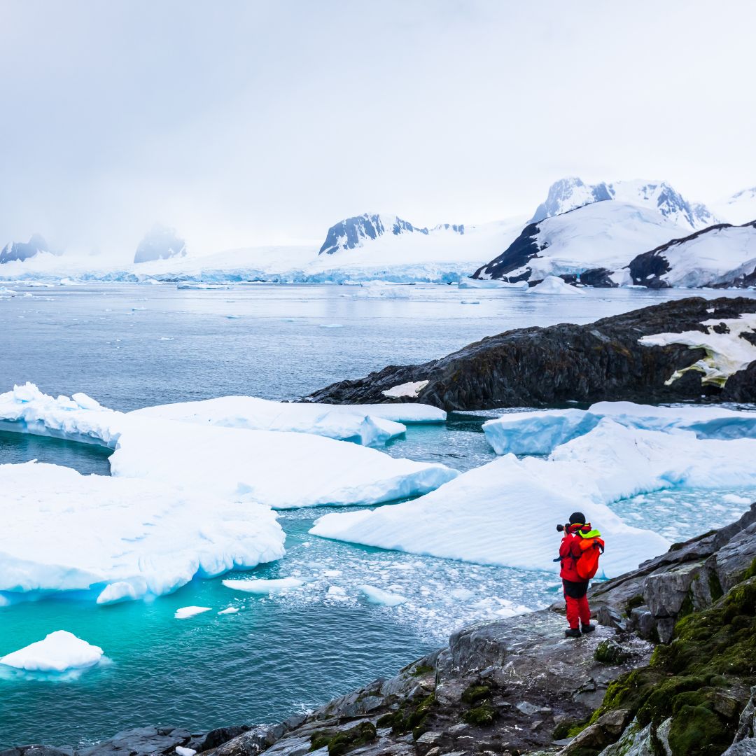 A person in a red jacket stands on rocky terrain overlooking turquoise waters filled with floating icebergs, with snow-capped mountains in the background under a cloudy sky.