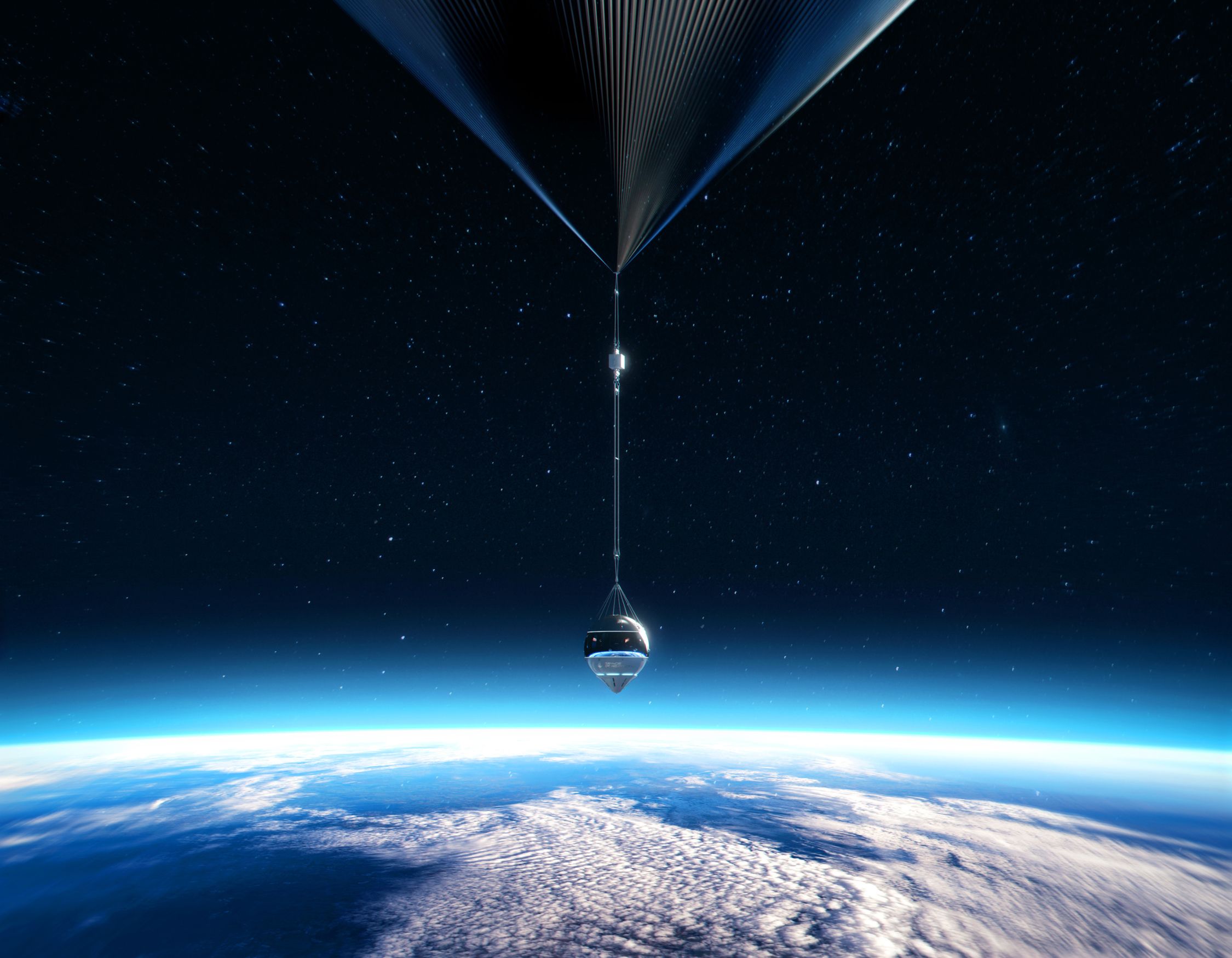 A space capsule suspended below a long, sleek tether against a backdrop of Earth and stars. The curve of the planet's atmosphere can be seen, with wispy clouds visible.