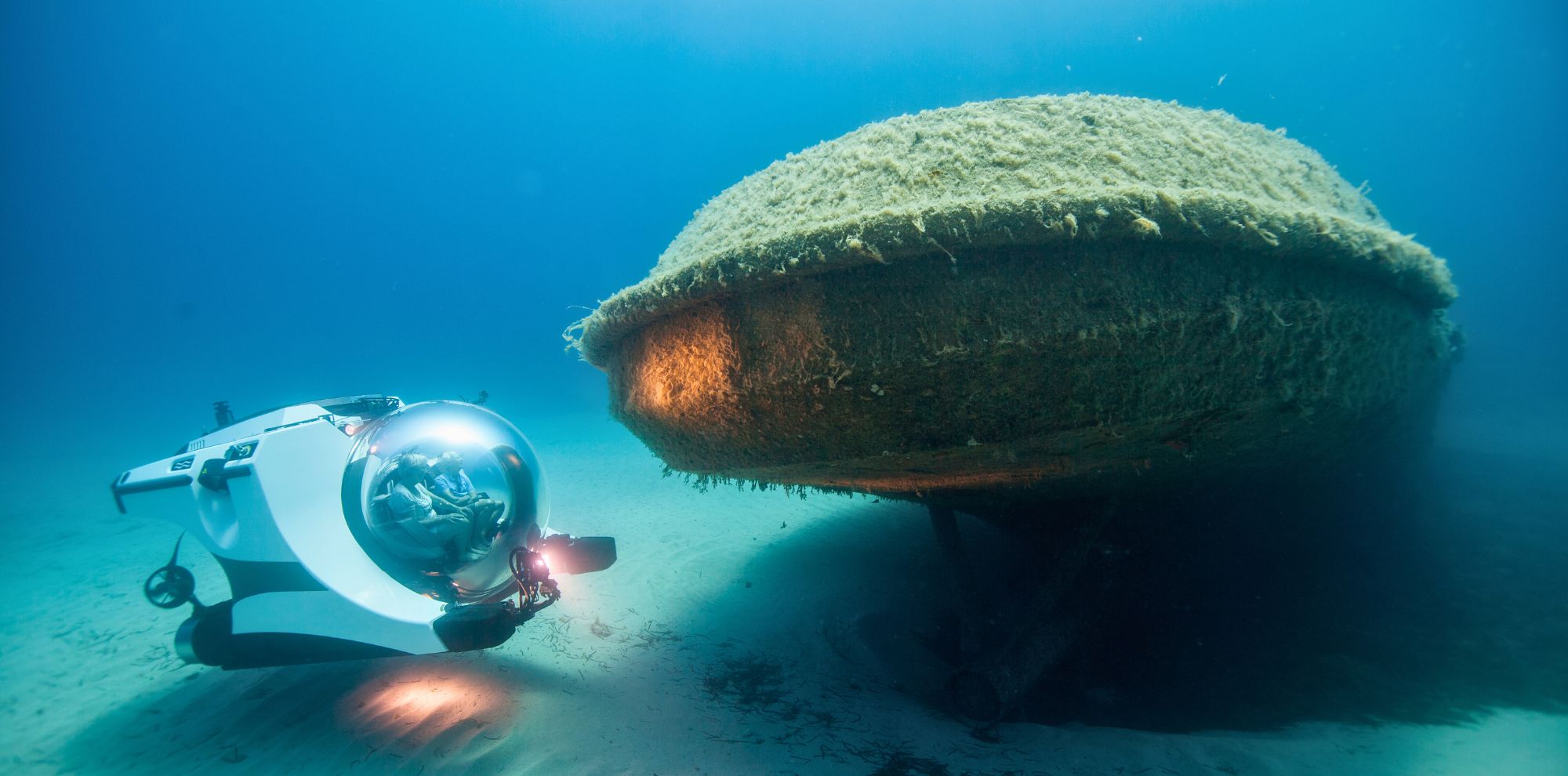 A submarine vehicle explores a sunken ship covered in seaweed on the ocean floor. The vessel has a rounded shape and is illuminated by the submarine's lights.