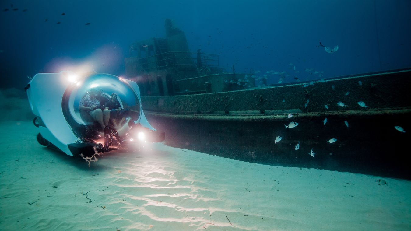 A person in a underwater submersible explores a sunken ship, surrounded by fish and sandy ocean floor. The sunken structure looms in the background, with soft blue water above.
