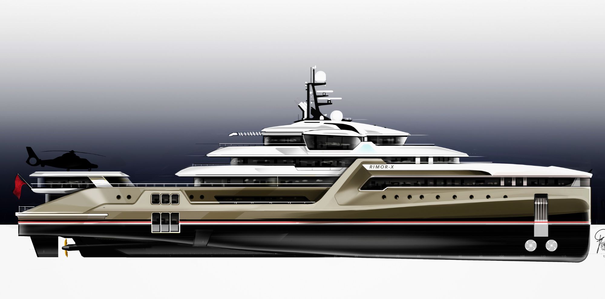 A sleek, modern yacht design featuring multiple decks, a spacious upper deck with a helipad, and bold color contrasts of black, gold, and white. The yacht has an elegant, streamlined silhouette, set against a gradient background.