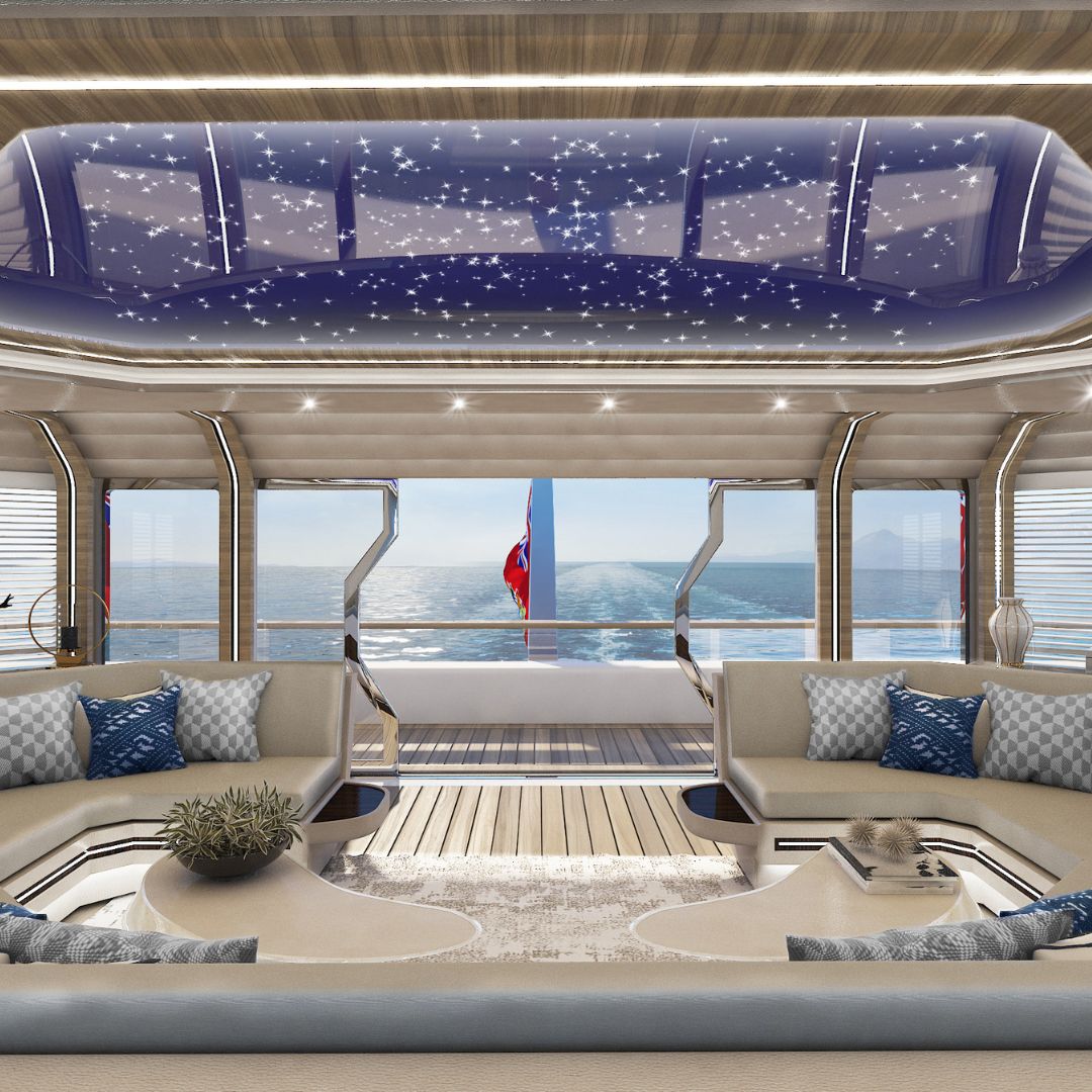 Luxurious interior of a yacht featuring expansive windows with ocean views, elegant seating areas adorned with cushions, and a starry ceiling design.