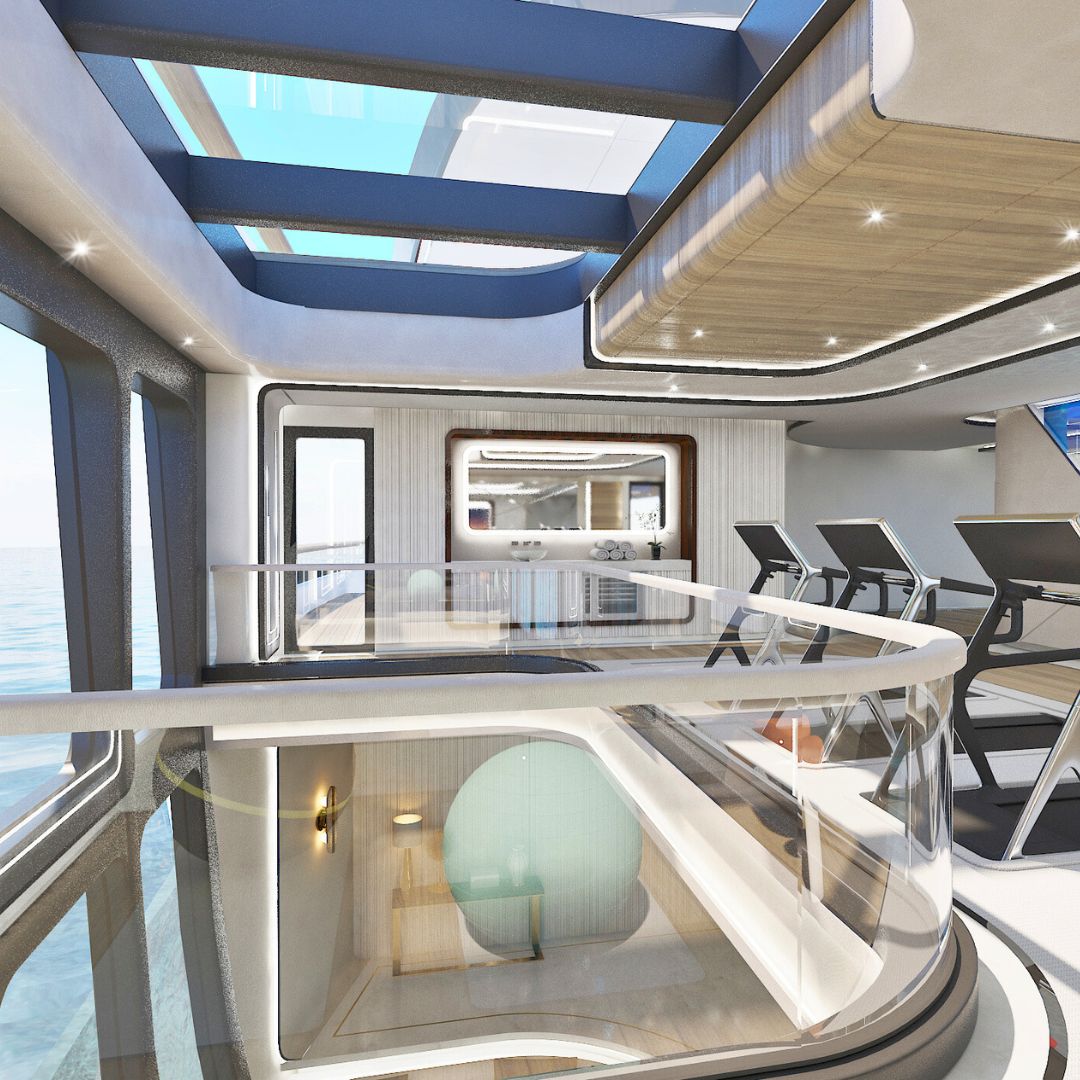 A modern interior of a luxury yacht featuring large windows, a skylight, and a spacious gym area visible through glass railings. The design includes light wood accents and contemporary furnishings, creating an airy and elegant atmosphere.