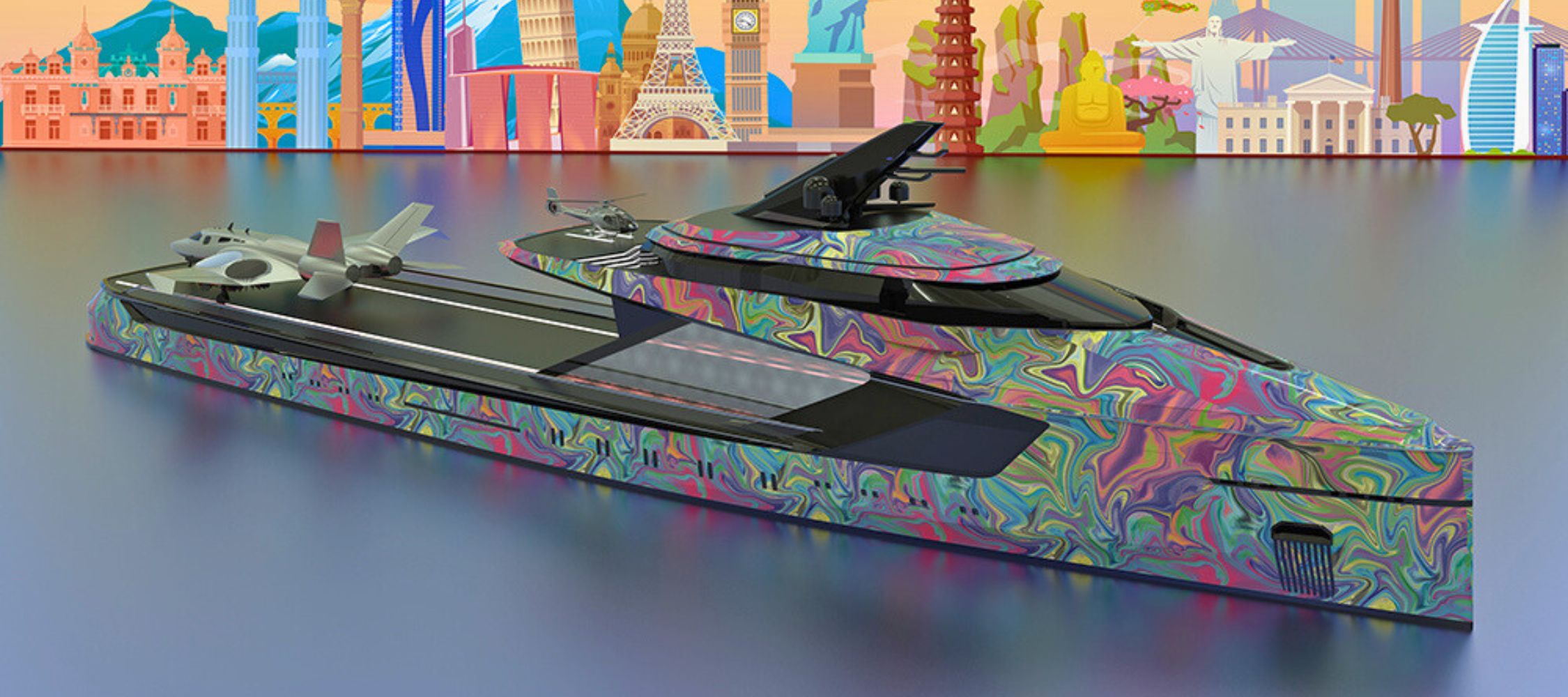A futuristic yacht with a vibrant, abstract multicolored design, featuring a sleek silhouette and an accompanying small aircraft on the deck. The background showcases iconic global landmarks in a stylized manner.