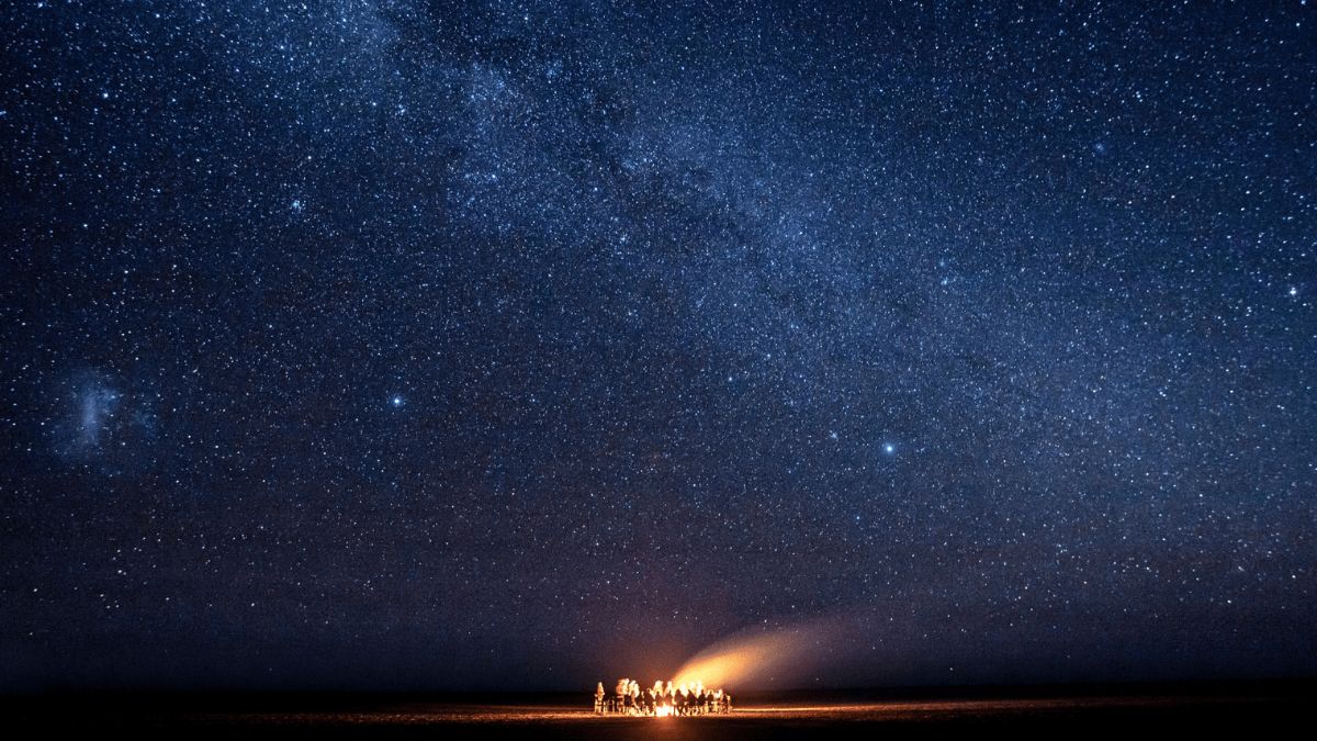 A group of people gathered around a campfire under a star-filled night sky, with the Milky Way visible above.