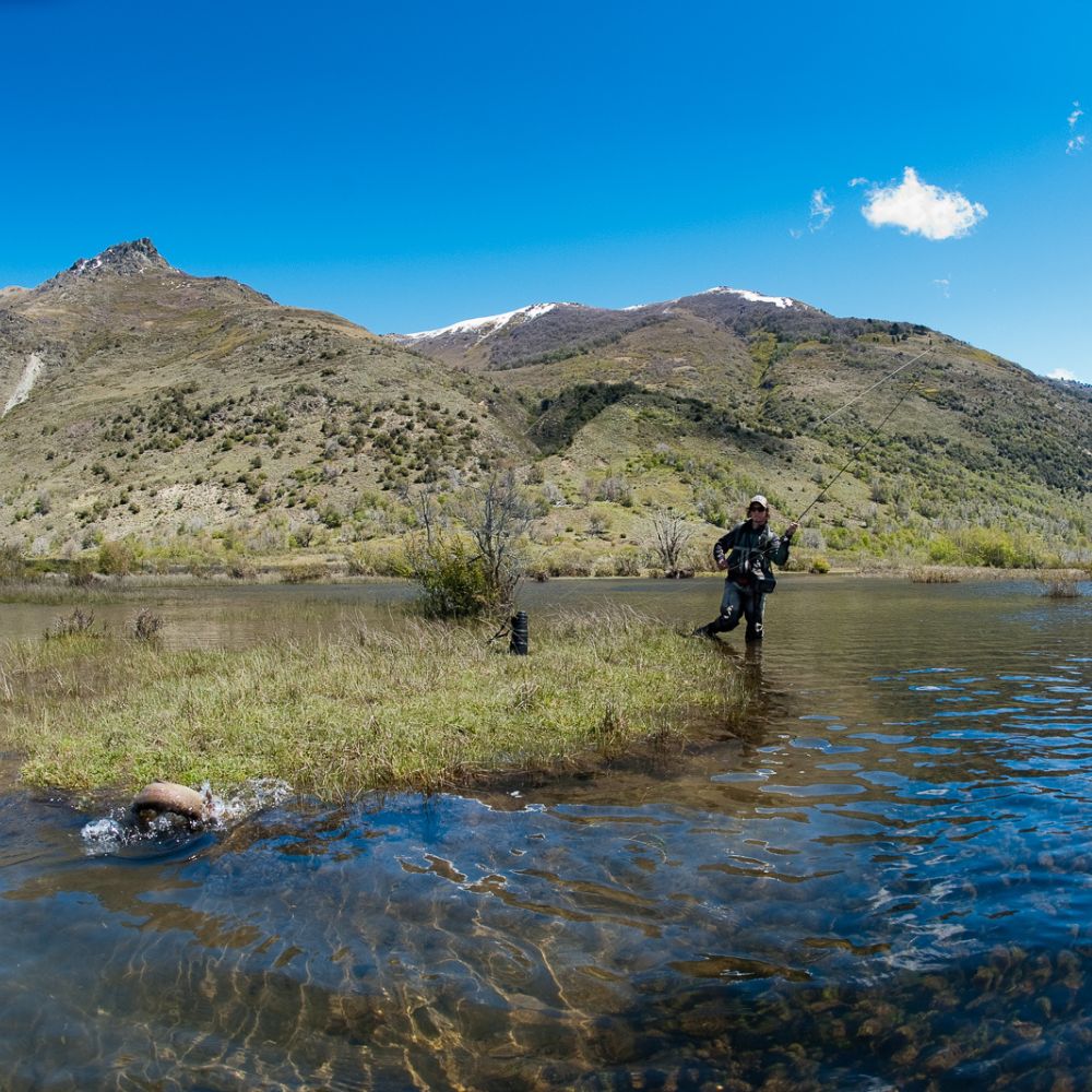 A person stands on the edge of a serene lake, fishing in clear waters with mountains in the background. Snow-capped peaks rise above the green hills, and a splash can be seen as a fish emerges from the water. Bright blue skies with a few white clouds complete the scene.
