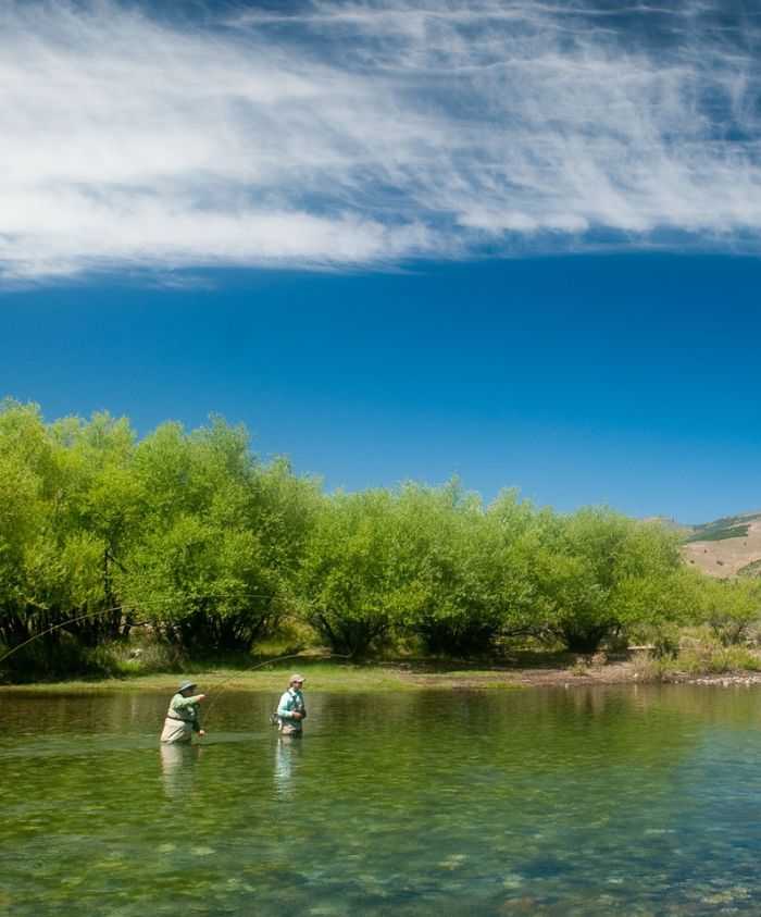 Two anglers wading in clear water, surrounded by lush green trees under a bright blue sky with wispy clouds.