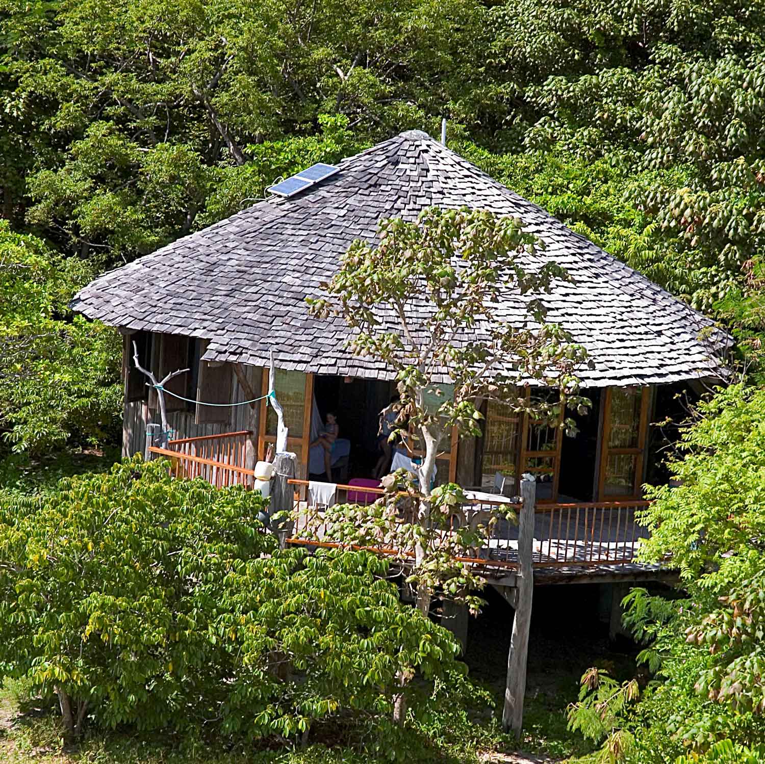 A rustic wooden house with a thatched roof, surrounded by lush greenery. The house has a wraparound porch and solar panels on the roof.