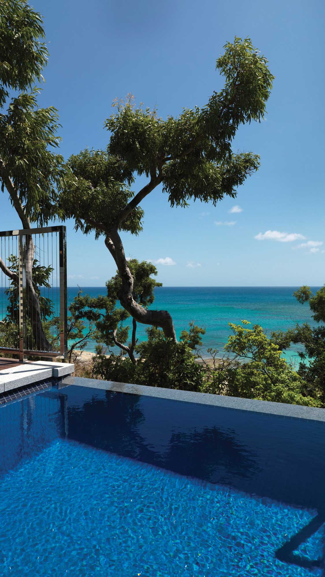 A serene infinity pool overlooks a vibrant blue ocean, framed by lush greenery and clear skies.