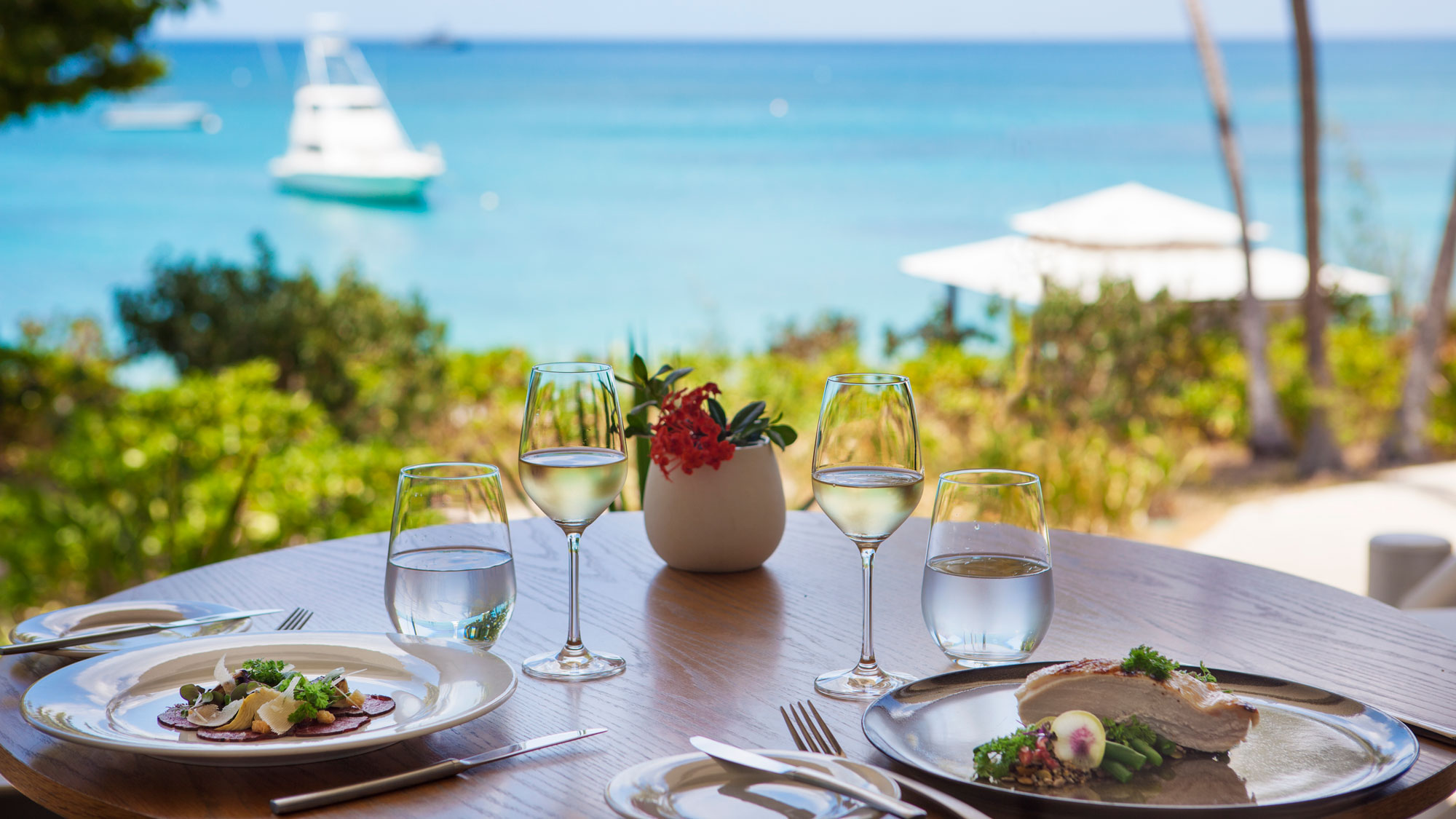 A beautifully set dining table with two plates of gourmet food, surrounded by glassware and a small flower arrangement. In the background, a serene ocean view with a boat and palm trees.