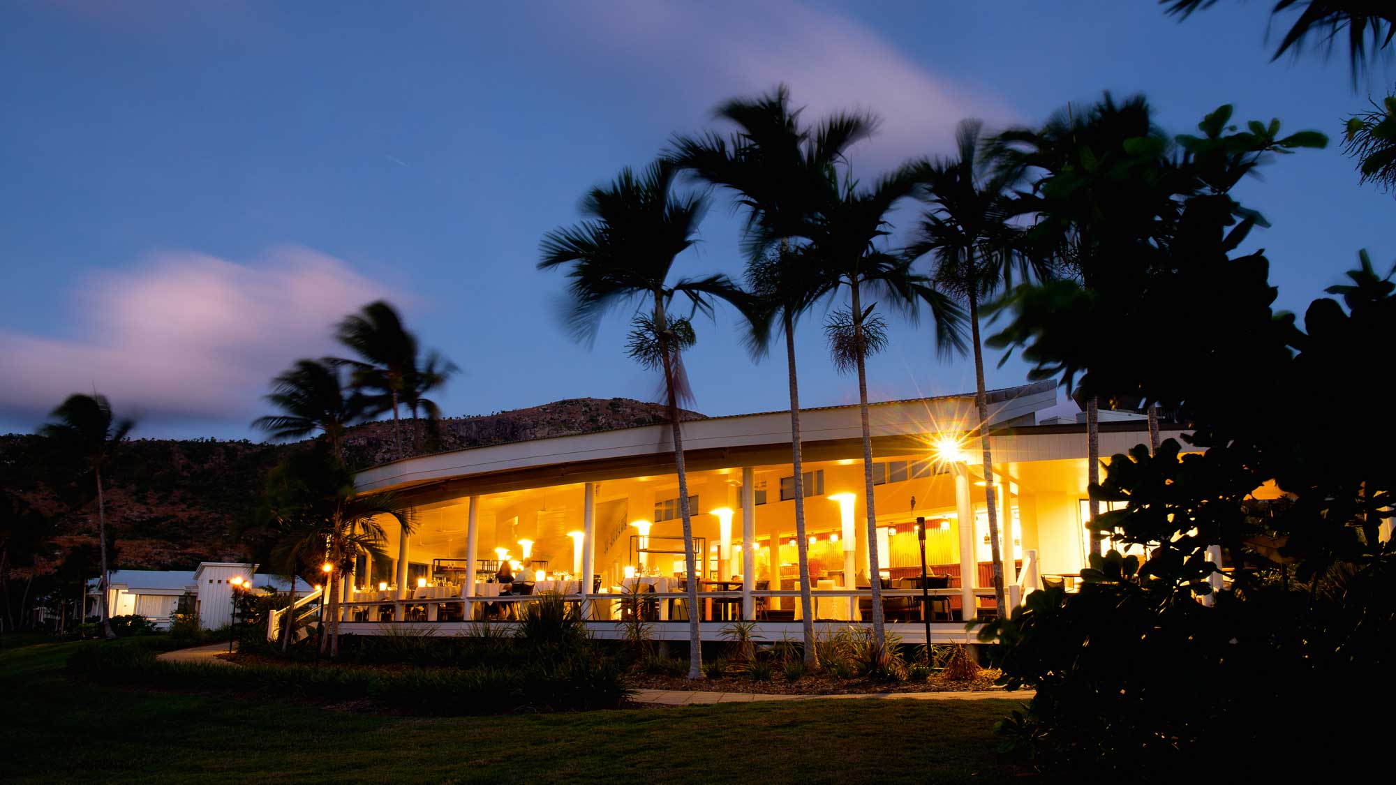 A modern restaurant with large windows and warm lighting, surrounded by tall palm trees and lush greenery, set against a twilight sky.