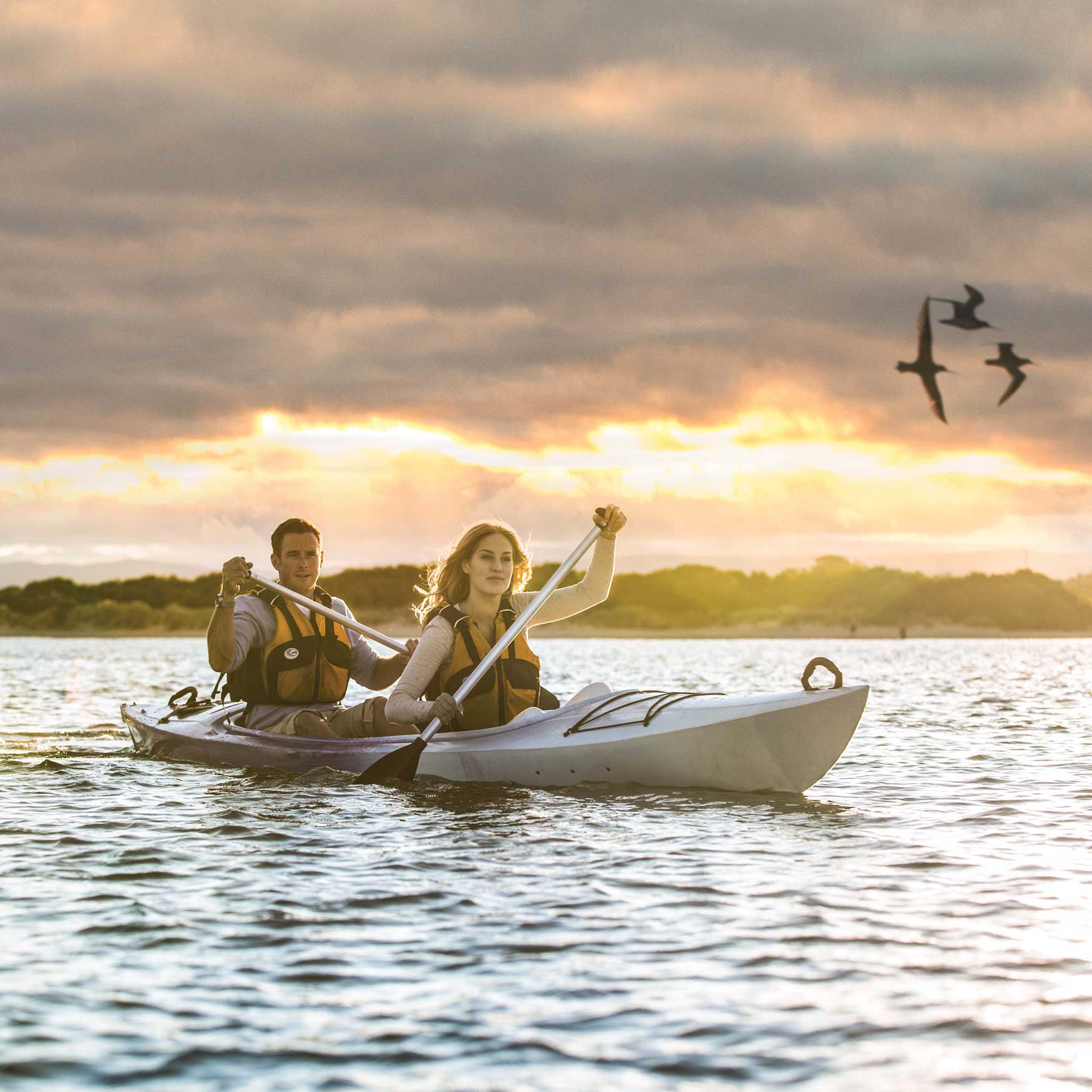A couple kayaking together on a calm body of water during sunset. The sky is filled with clouds illuminated by warm hues, while birds fly overhead.