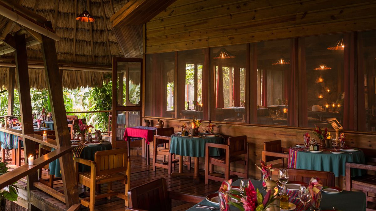 A cozy restaurant interior featuring wooden tables and chairs, adorned with colorful table settings. Lush greenery is visible outside through large windows, creating a warm and inviting atmosphere. Soft lighting enhances the rustic charm of the space.