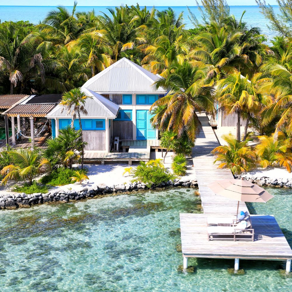 A tropical waterfront scene featuring a wooden house with blue accents surrounded by palm trees. A wooden dock extends over clear, turquoise water, leading to a shaded lounge area with a sun umbrella.