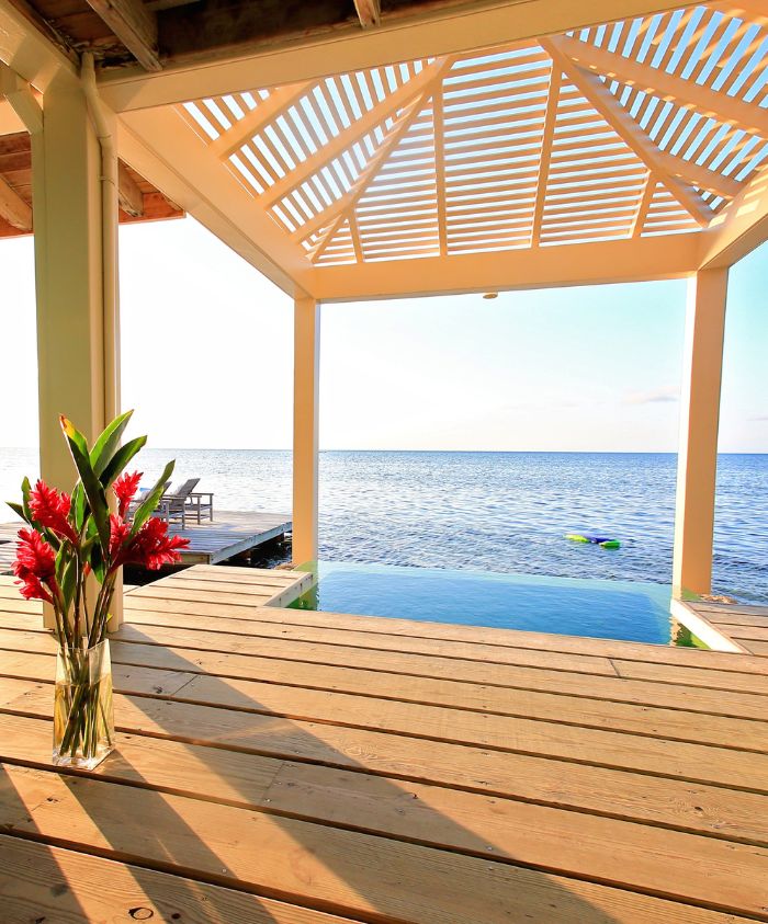 A serene coastal view from a wooden deck featuring a bouquet of red flowers in a glass vase. The horizon showcases calm blue waters under a clear sky, with a hint of a swimming platform visible in the background.