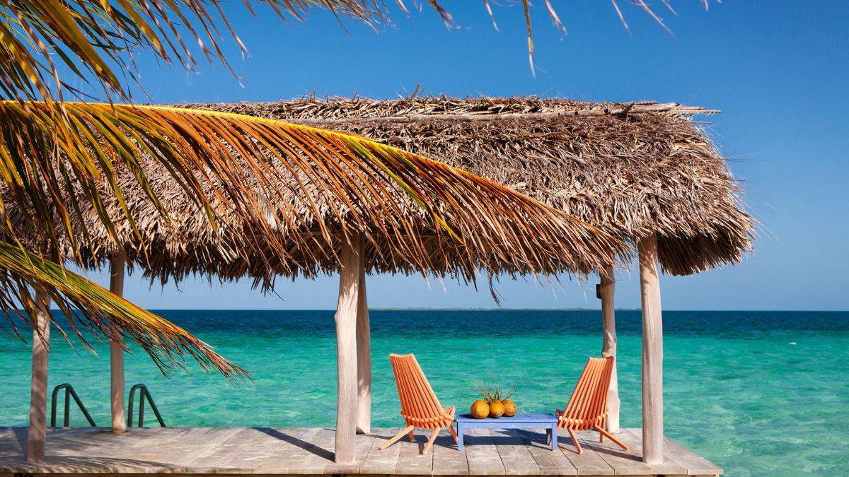 A thatched hut overlooking a clear blue ocean, featuring two orange lounge chairs with a small table holding three pineapples. Palms frame the view under a bright blue sky.