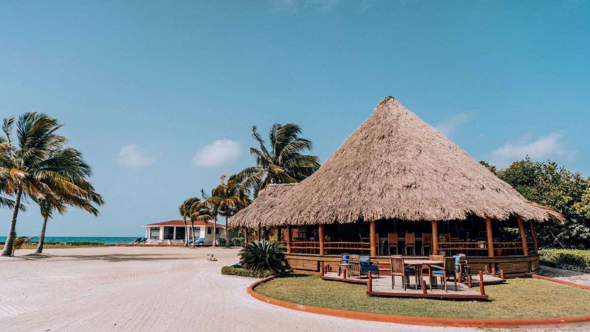 A thatched-roof beach hut surrounded by palm trees, with a view of the ocean in the background. The sky is clear and blue, and there are wooden tables and chairs outside the hut.