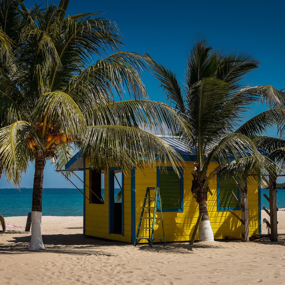 Bright yellow beach hut surrounded by palm trees on a sandy beach, with a clear blue sky and calm ocean in the background.