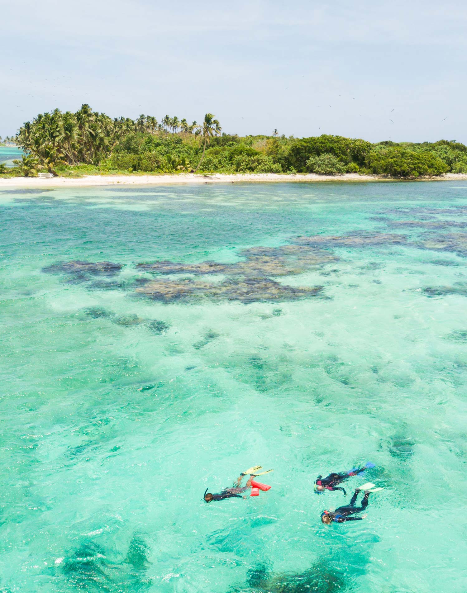 Three snorkelers explore vibrant turquoise waters near a tropical island with lush greenery and white sandy beaches in the background.
