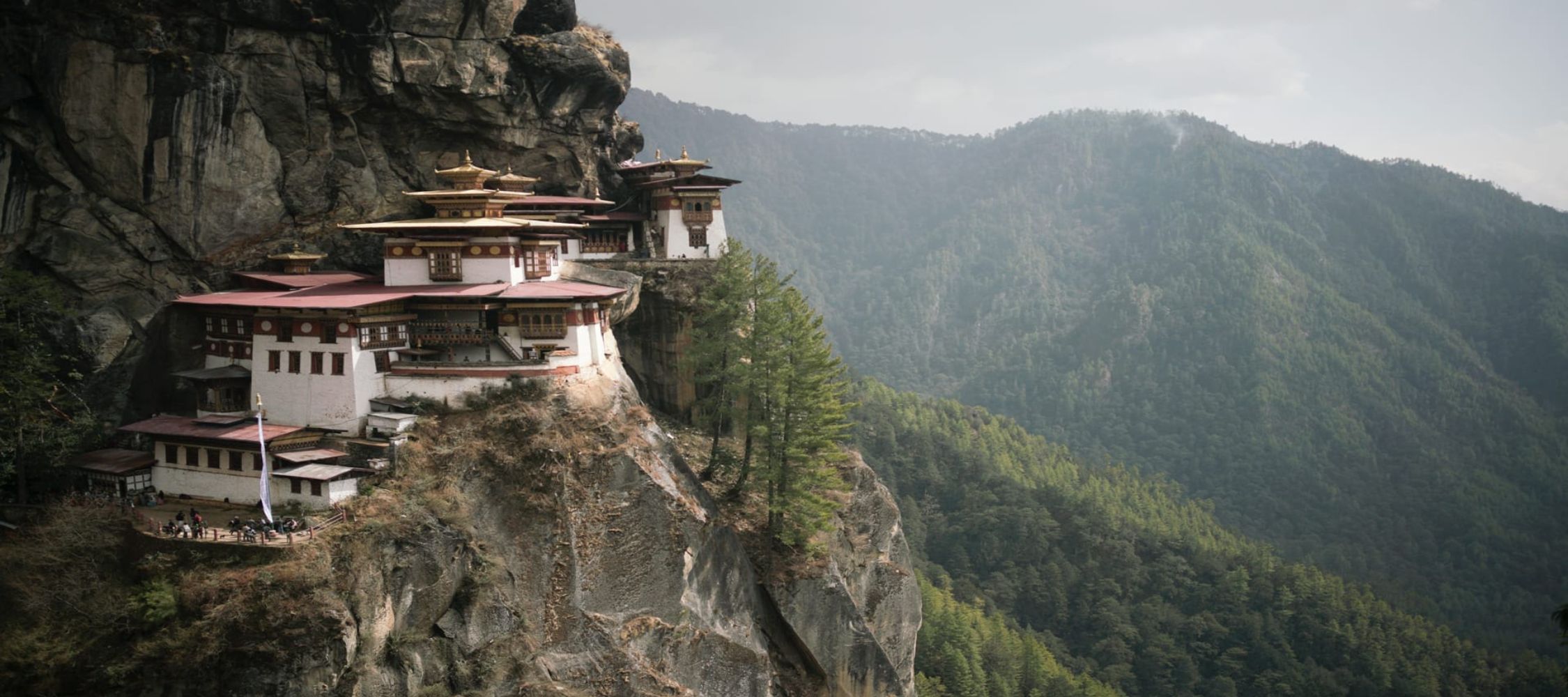 A striking cliffside monastery nestled in the mountains, surrounded by lush greenery and rugged rock formations. The building features traditional Bhutanese architecture with ornate roofs and vibrant colors.