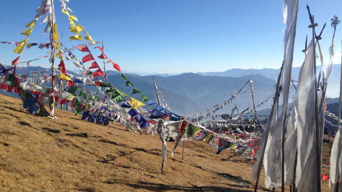 Colorful prayer flags are strung across a mountainous landscape, waving gently in the breeze against a backdrop of blue sky and distant mountains. The ground is covered in dry grass.