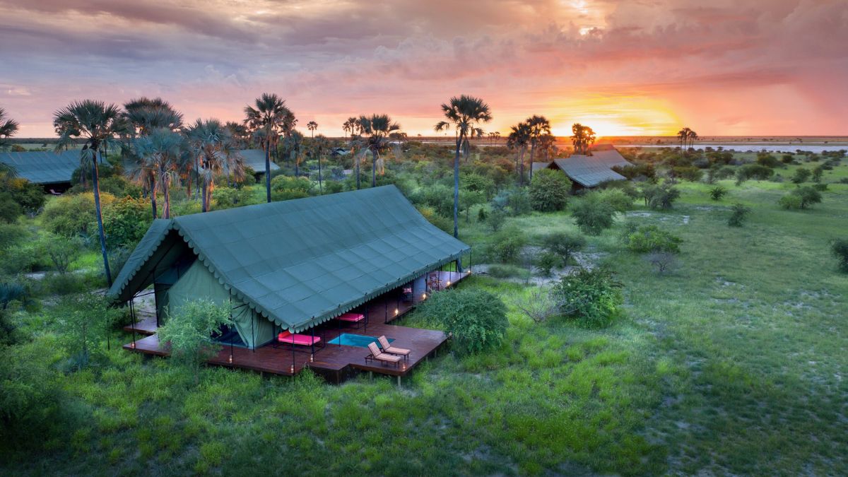 A luxurious tented lodge situated in a lush green landscape under a vibrant sunset. Surrounding palm trees and grassy areas enhance the serene atmosphere.