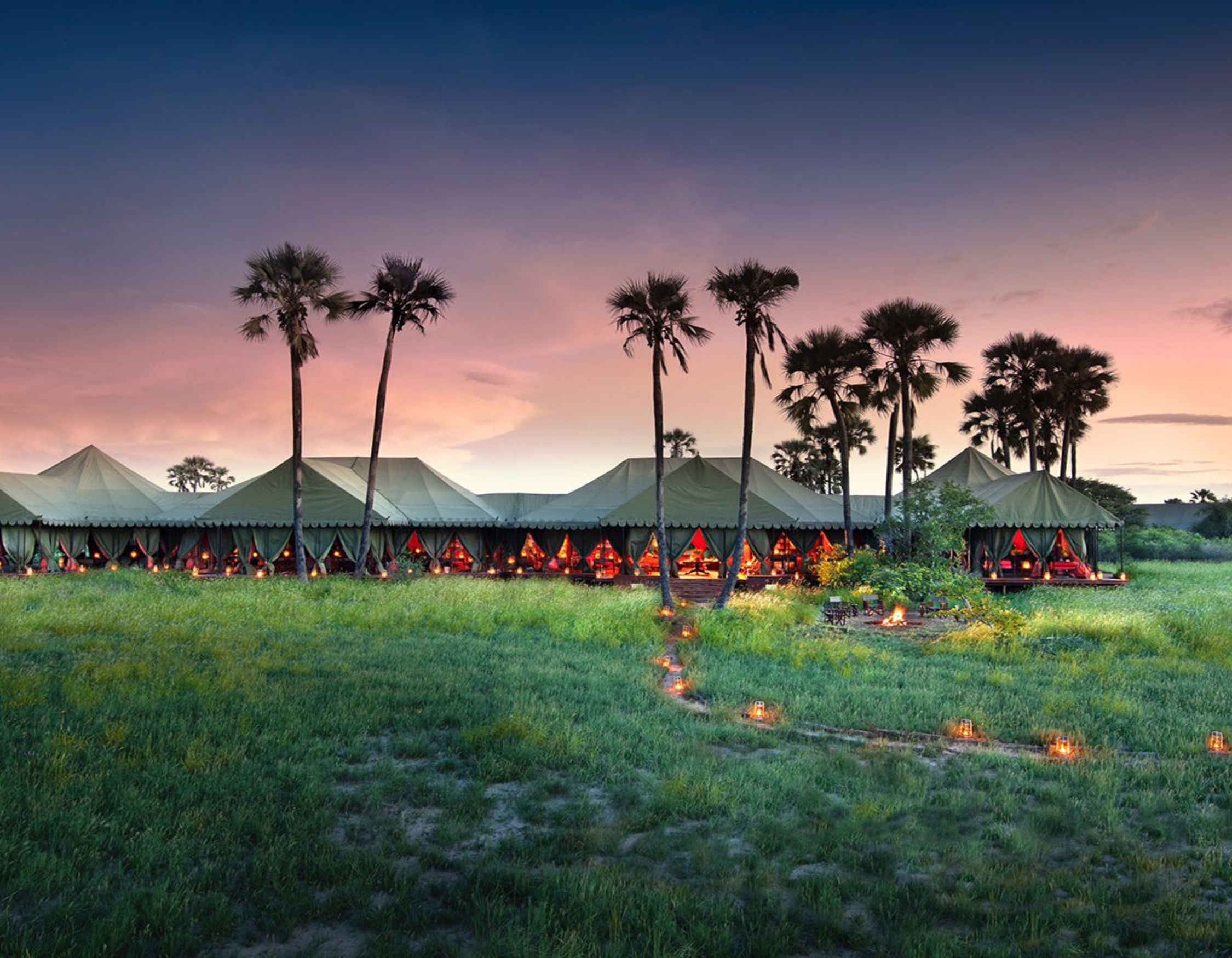 A luxurious glamping site with large canvas tents surrounded by palm trees, set against a vibrant sunset sky. Pathways illuminated by lanterns weave through the lush green grass.