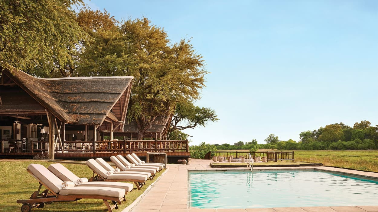 A luxurious lodge with a thatched roof overlooking a serene pool area, surrounded by lush greenery and open fields. Cozy sun loungers line the poolside, inviting relaxation under a clear blue sky.
