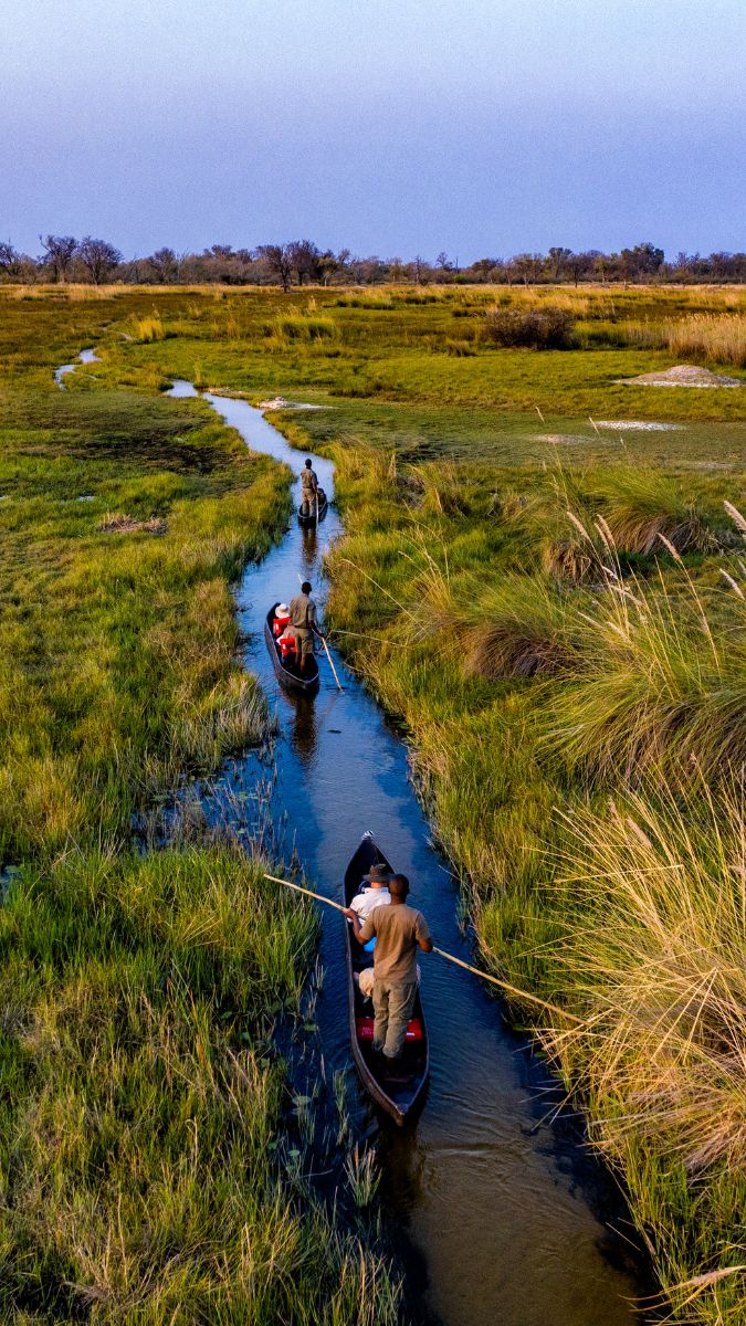 Three individuals navigate a narrow waterway in traditional canoes, surrounded by lush greenery and tall grasses under a clear sky. The serene landscape reflects a peaceful connection with nature.