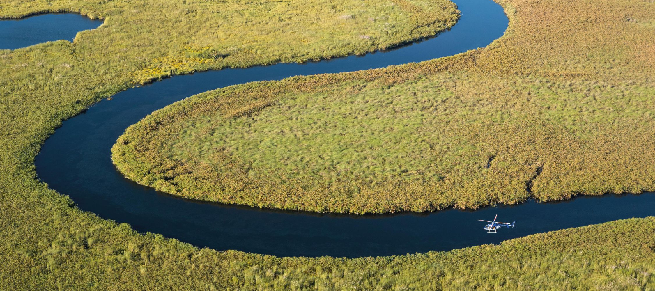 Aerial view of a winding river surrounded by lush green and golden marshes. A small boat is navigating through the water.