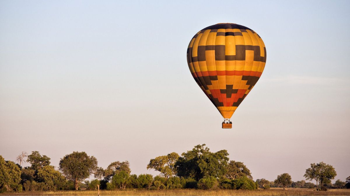 A colorful hot air balloon floats above a landscape with sparse trees and tall grass under a clear sky.