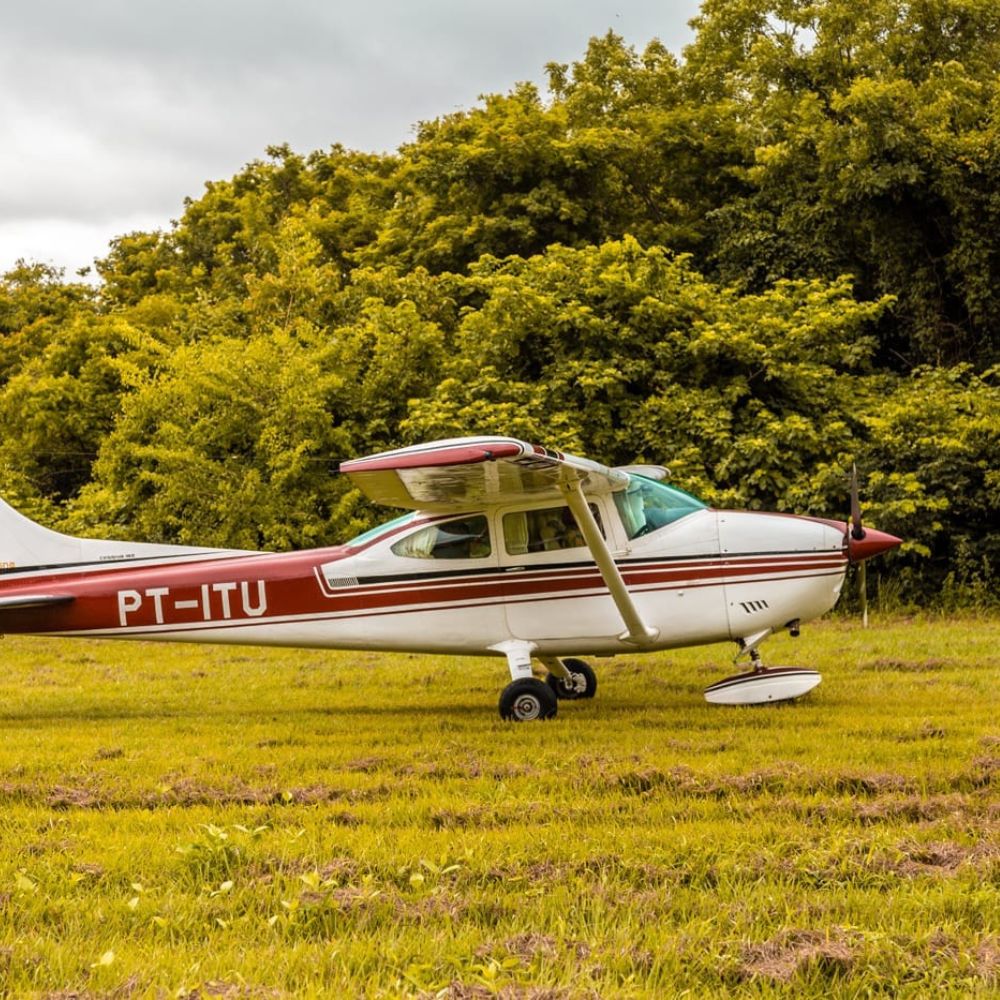 A small, single-engine aircraft with red accent stripes parked on a grassy field surrounded by lush green foliage.
