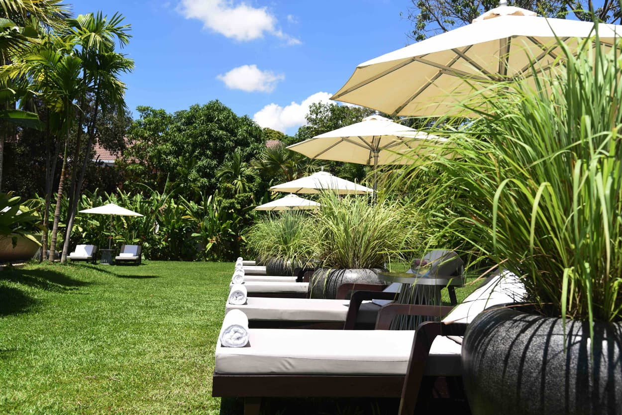 Lounge chairs with clean, minimalist design are set on a lush green lawn surrounded by tall grass and tropical plants. Large umbrellas provide shade on a sunny day with a blue sky and fluffy white clouds.