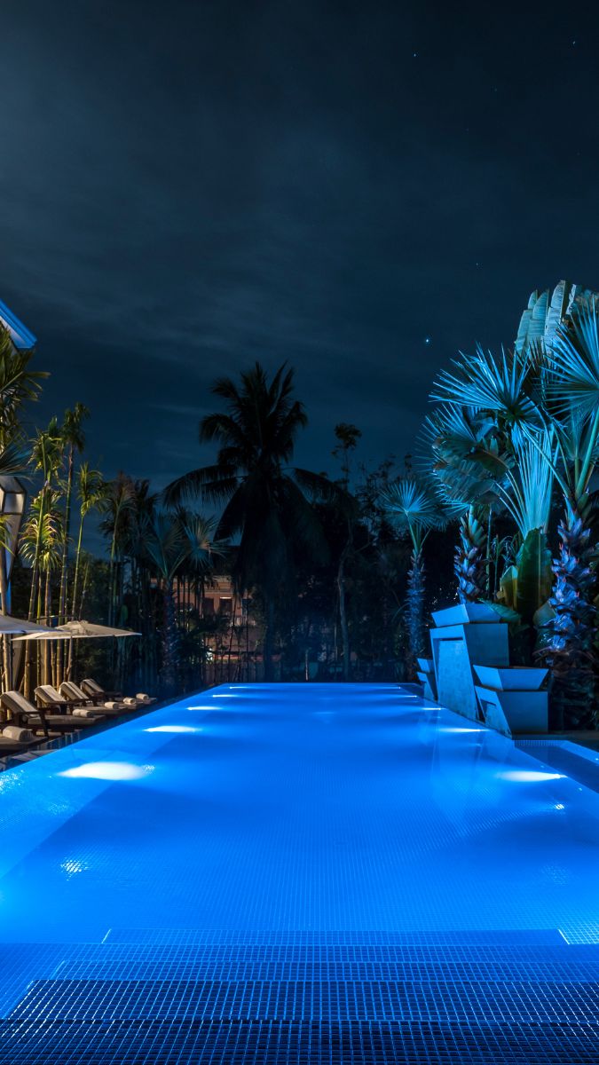 An illuminated infinity pool at night, surrounded by palm trees and tropical plants, with a serene atmosphere created by soft blue lighting.