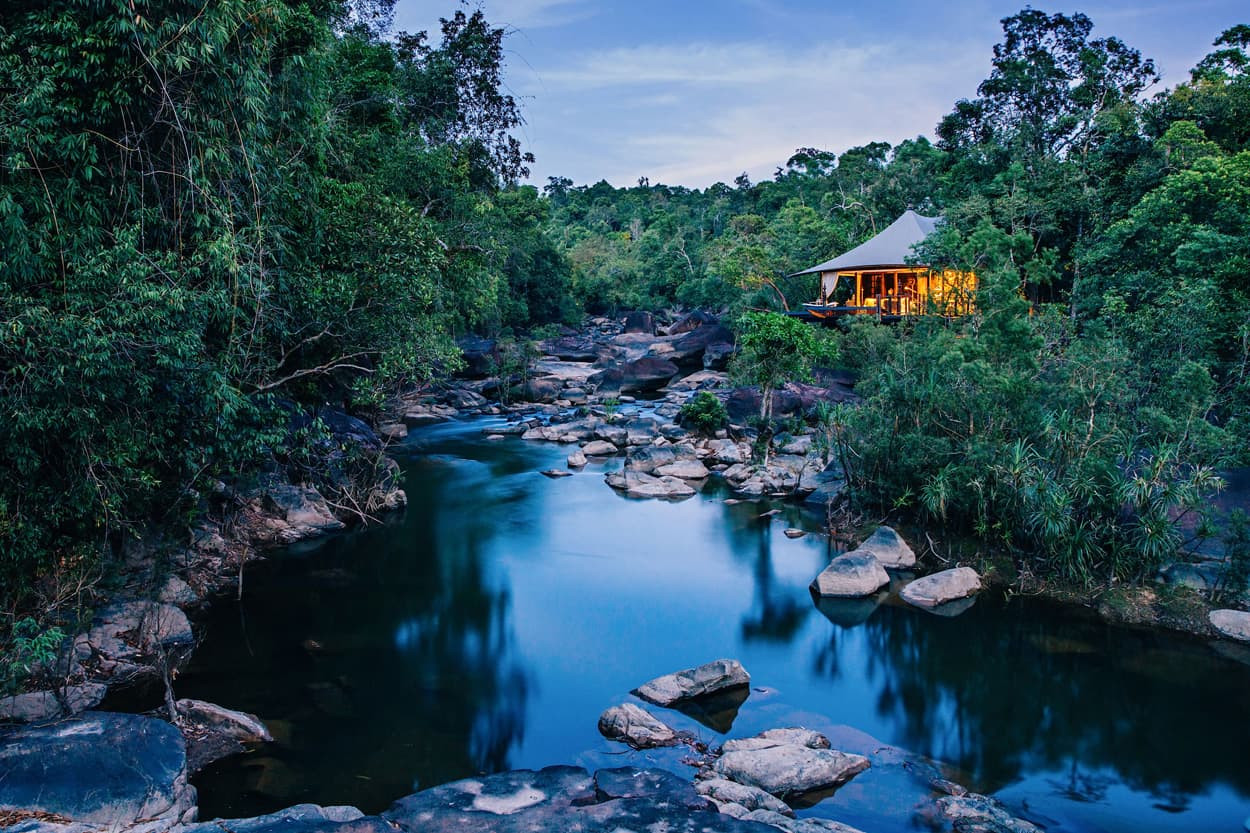 A serene river flows through a lush green jungle, with large rocks scattered along its banks. A tent-like structure with warm lighting is visible near the water, surrounded by dense foliage under a twilight sky.