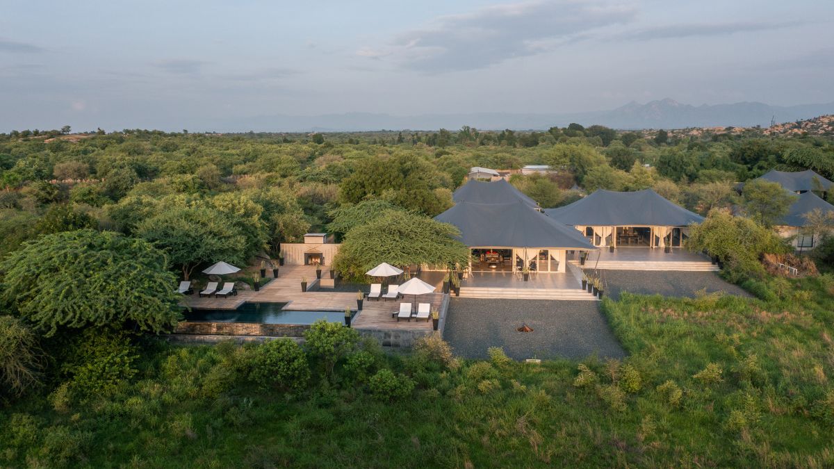 Aerial view of remote luxury safari lodge, Sujan Jawai in India, a perfect stay option among the best hotels in India.